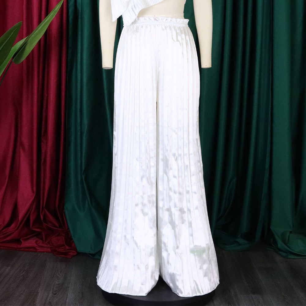 Summer Ladies Solid Color Casual Loose Pleated Wide Leg Pants African Trousers 10