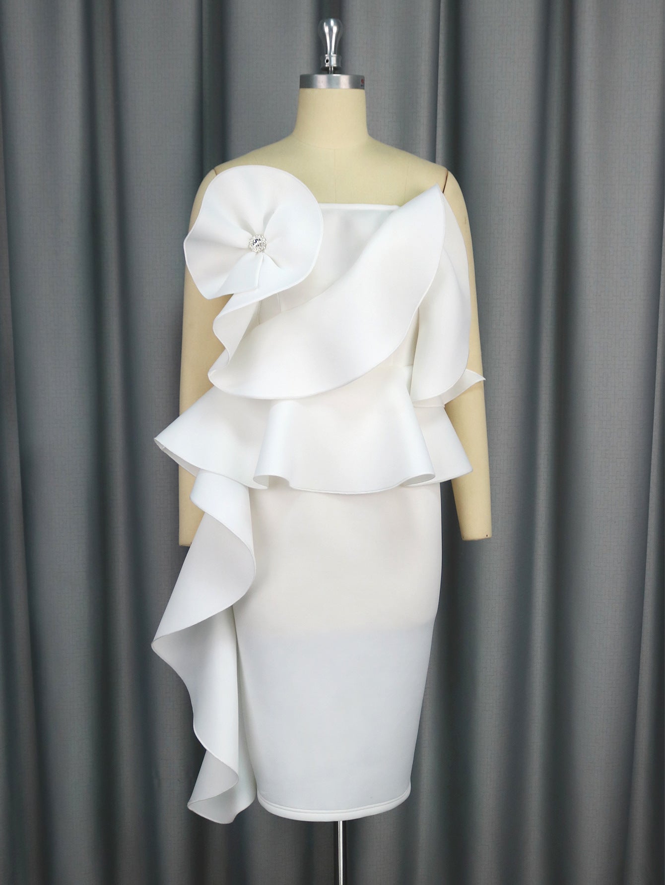 Women Sexy Strapless Lotus Leaf Lace Elegant Bodycon Dress 4