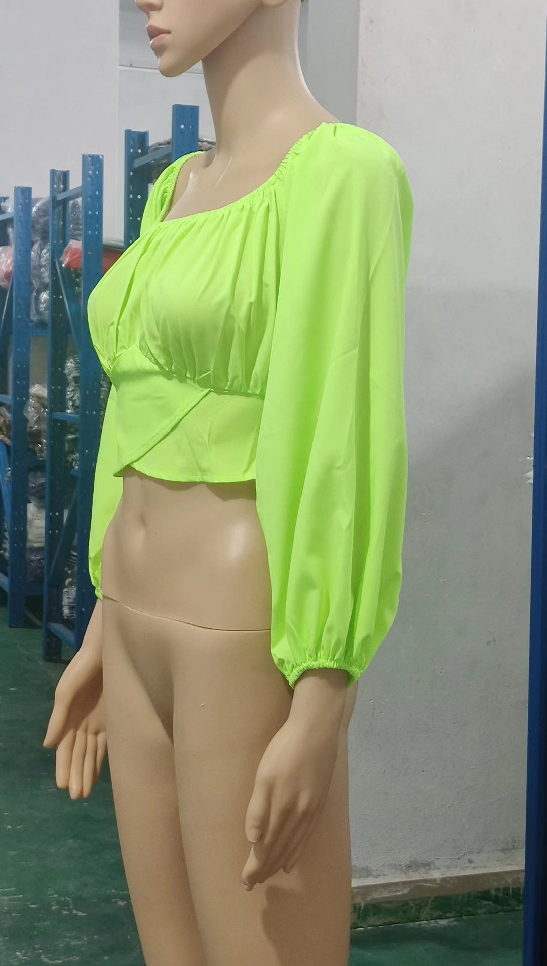 Top Women's Solid Color Lantern Sleeve Off Shoulder Sexy Puff Sleeve Crop Shirt 19