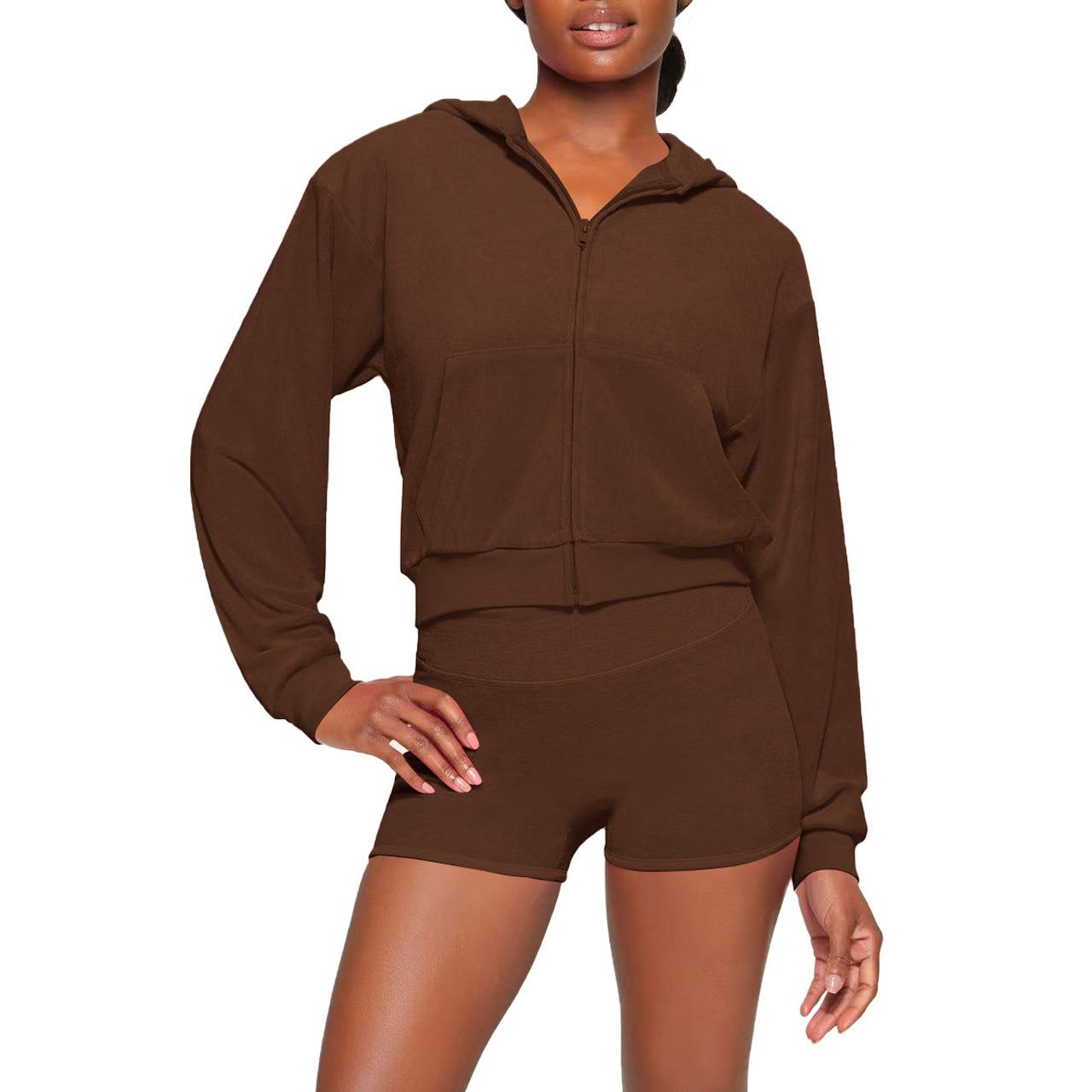 Women's Fashion Casual Solid Velvet Hooded Two-Piece Shorts Set 6