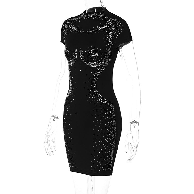Women Summer Beaded Slim Fit Round Neck Short Sleeve Bodycon Dress 10