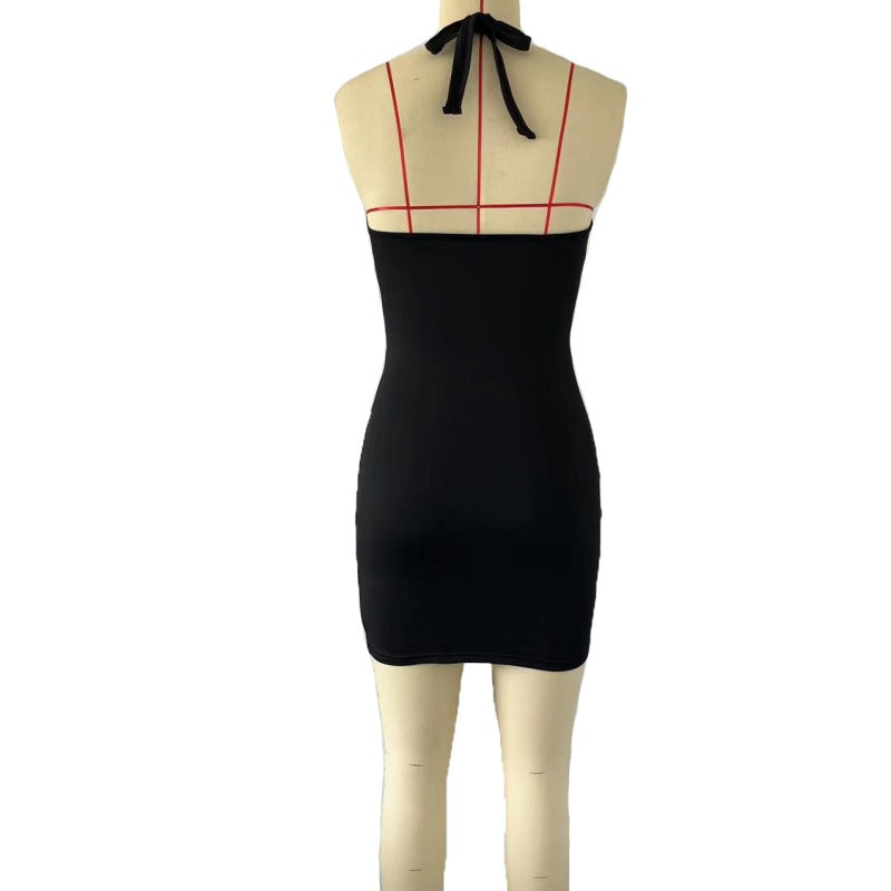 Women Halter Neck Bodycon Sexy Diamond Chain Lace-Up Dress 14