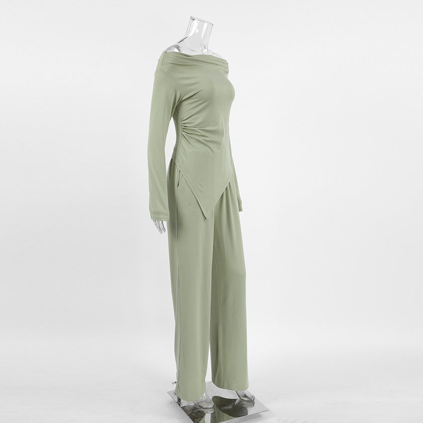 Autumn And Winter Grey Knitting Fashion Off Shoulder Long Sleeve Top High Waist Wide Leg Pants Casual Two Piece Set 12