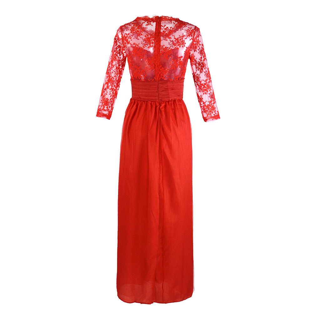 Autumn Women's Red Long Sleeve Lace See-Through Evening Gown 14