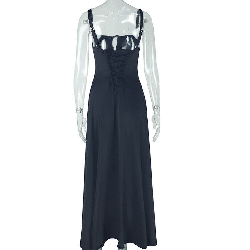 Mid-Length Solid Color Lace-Up Strap  Women's Asual Dress 8