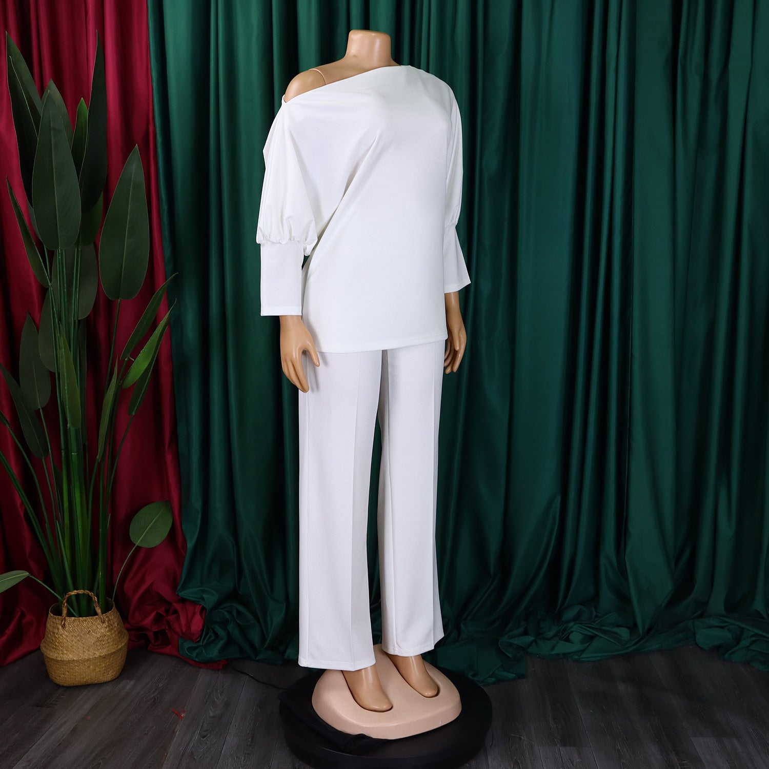 Women's Fall Fashion Solid Color Slash Shoulder Top Wide Leg Pants African Suit 9