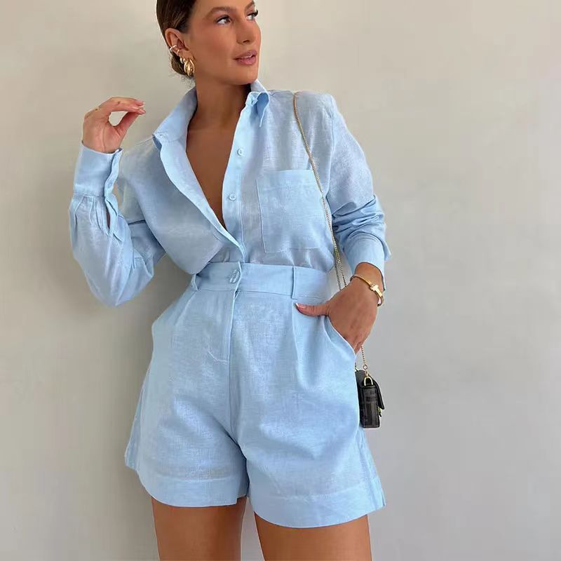 Women casual long-sleeved shirt and shorts two-piece set 6