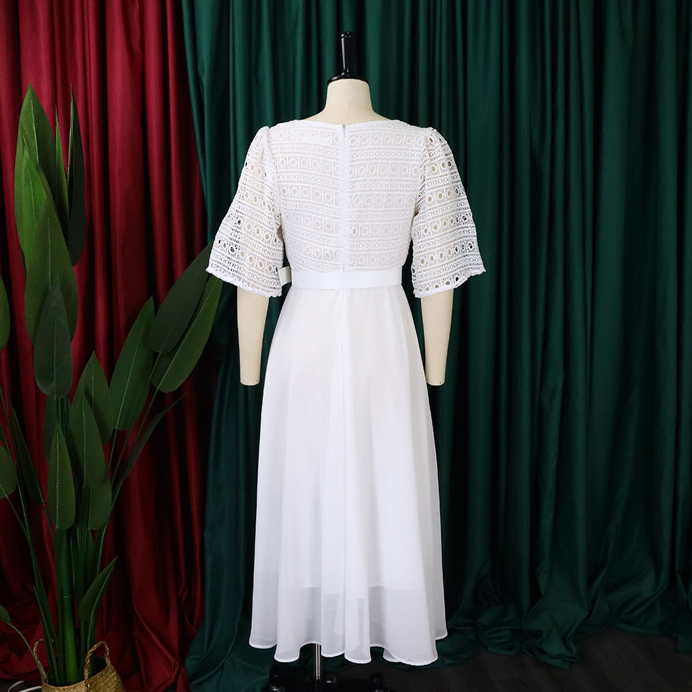 African Women Short Sleeve Square Neck With Belt Chiffon Beaded Dress 10