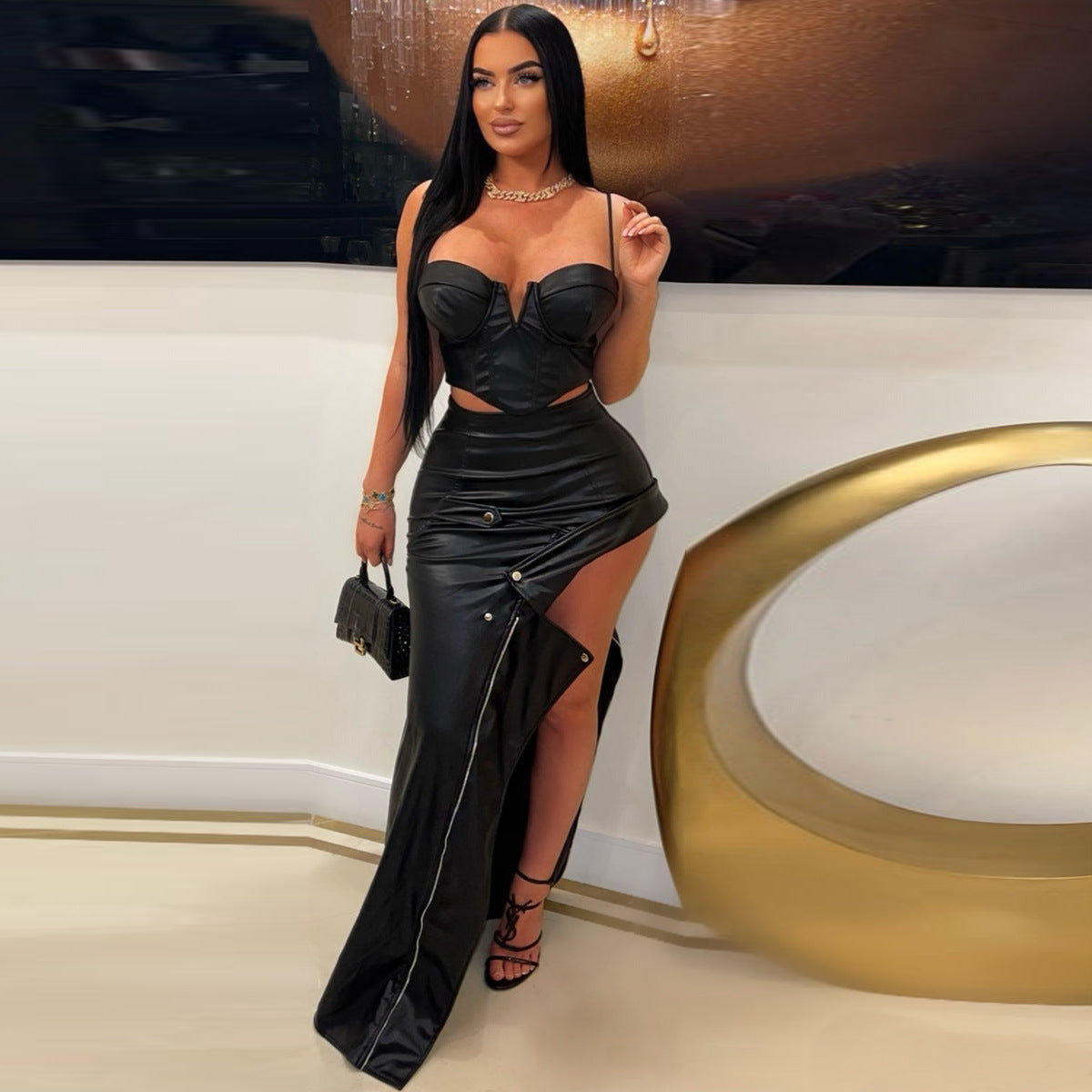 PU leather zipper fashion sexy high slit skirt 3