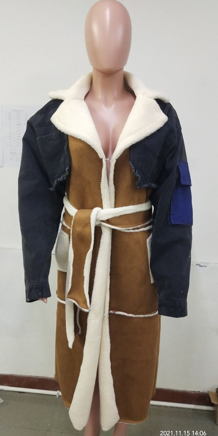 Winter Black Denim Patch Fleece Full Sleeves Thick Long Coat 3