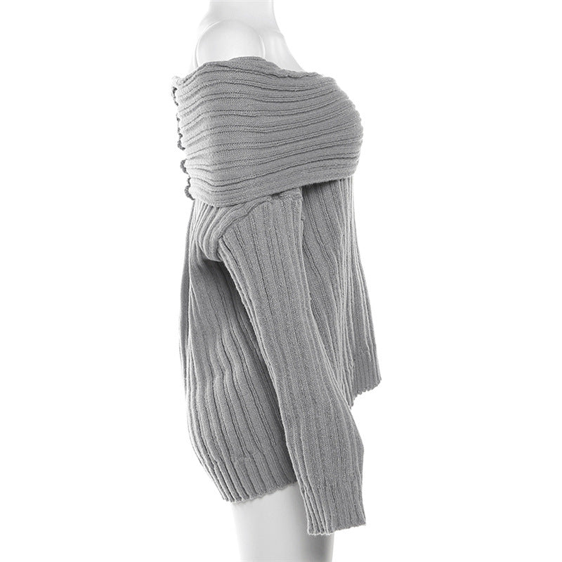 Women Off Shoulder Long Sleeve Loose Solid Knitting Sweater 24