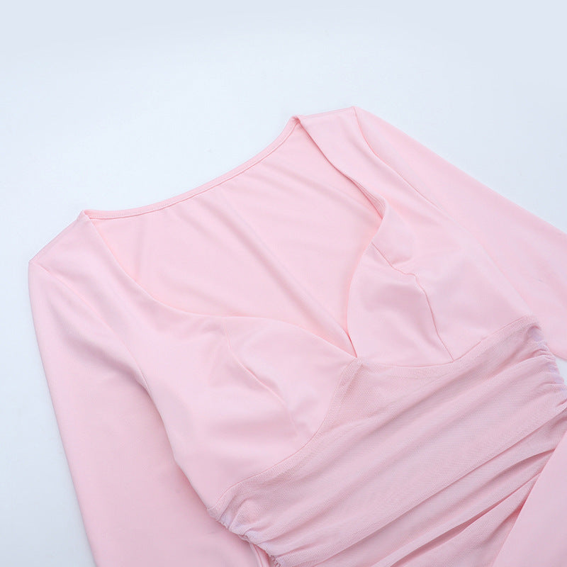 Women hollow mesh ribbon long-sleeved bodycon dress 11