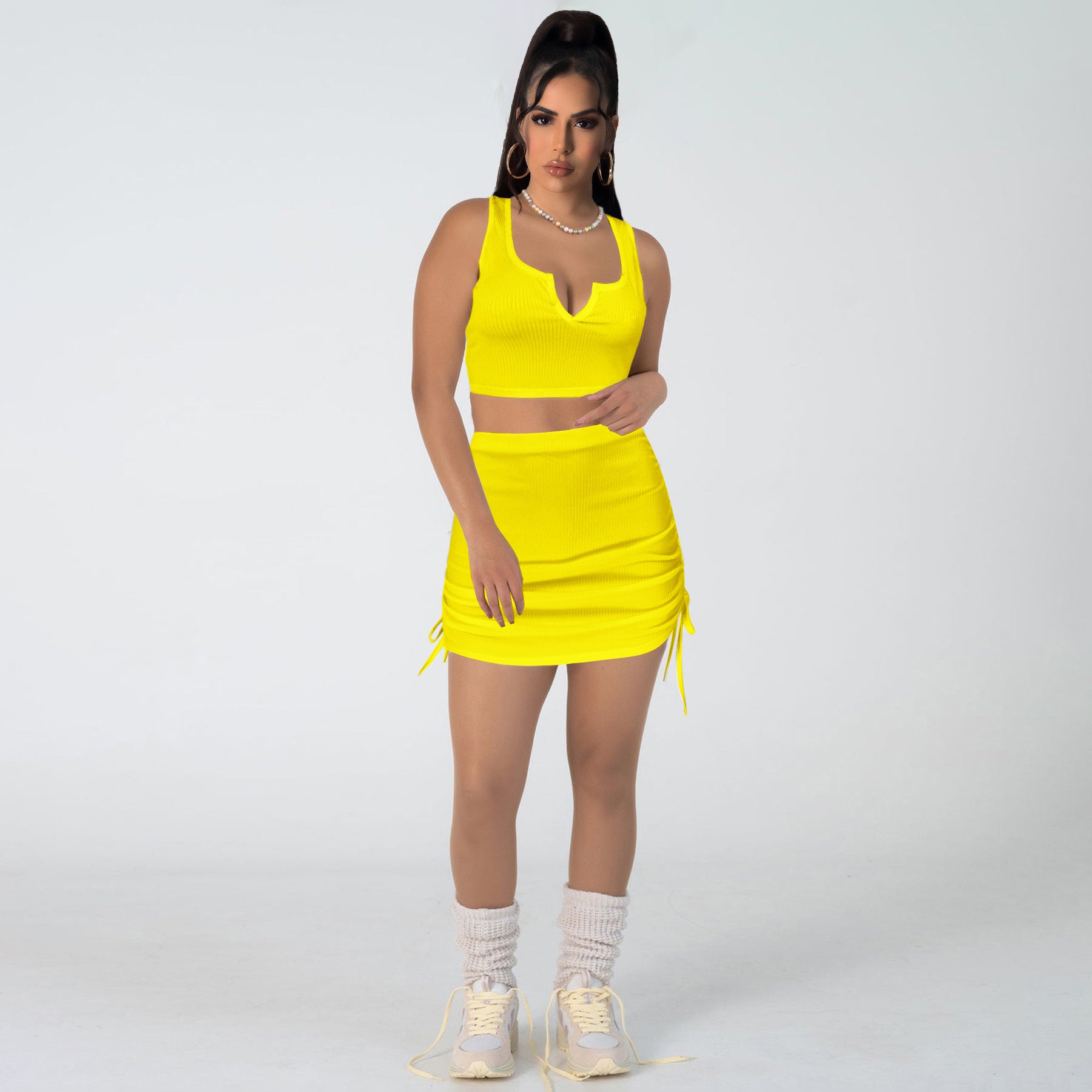 Women Stretch sexy v-neck Top and drawstring Solid Skirt two-piece set 13