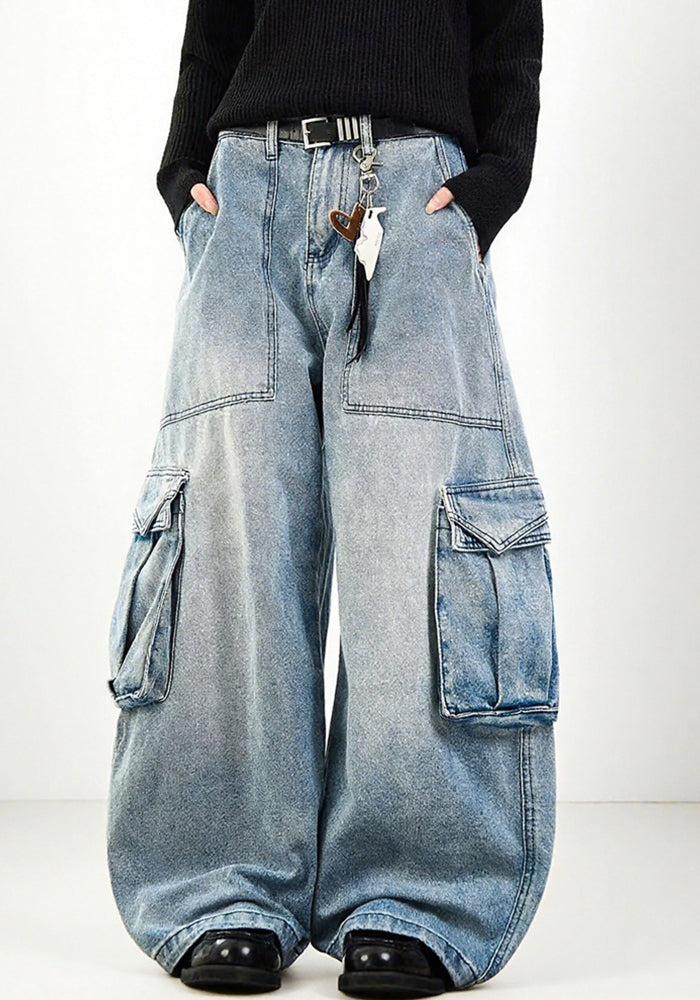 Plus-Size Women American Blue Cargo Denim Wide-Leg Pants