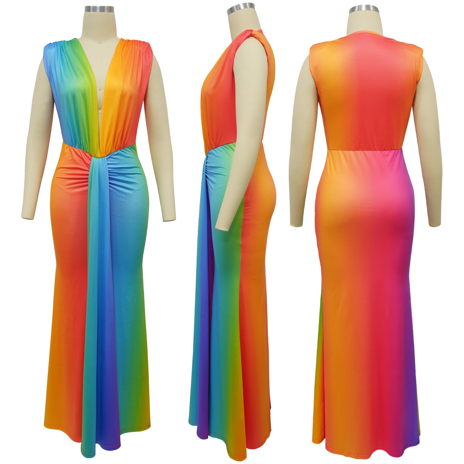 Fashion Women's Sleeveless Printed Sexy Deep V Slim Dress 14