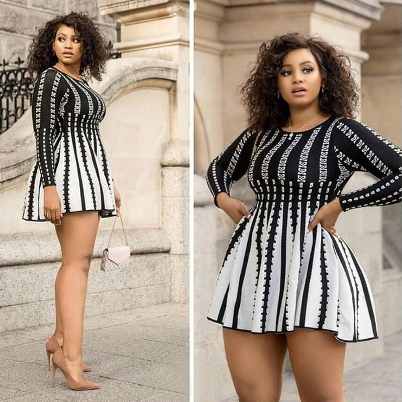 Plus Size Women Long Sleeve Round Neck Striped Dress 3