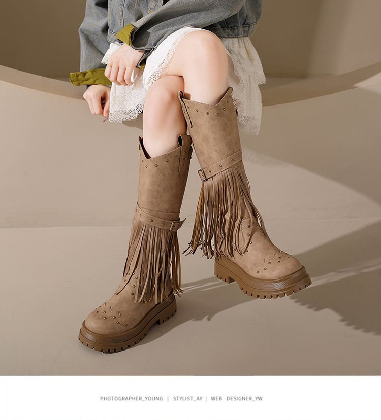 Plus Size Riding Boots with Fringe & Buckle  Mid-Calf Shoes for Women 7
