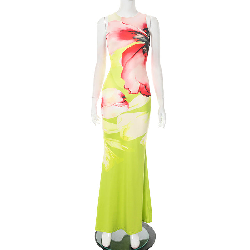 Women Elegant Floral Print Round Neck Sleeveless Fishtail Maxi Dress 6