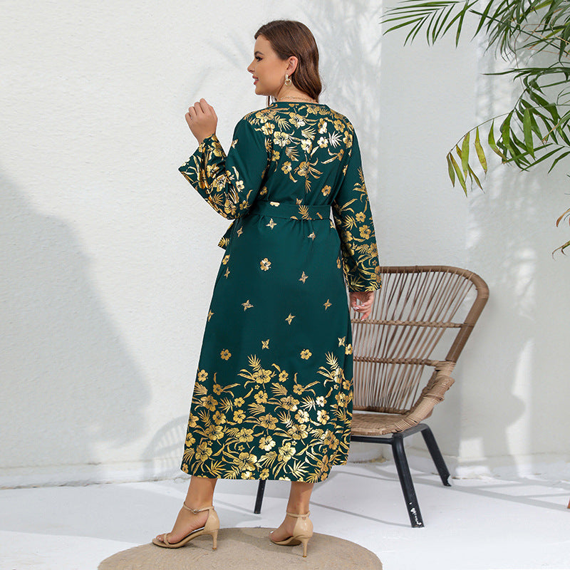 Plus Size Women Ethnic Loose Shiny Printed Long Sleeve Maxi Dress