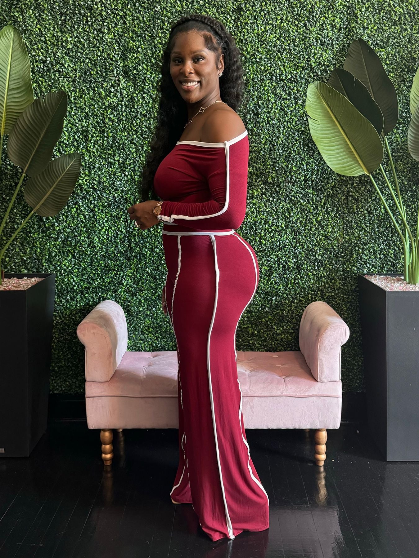 Autumn Women's Clothing Slim Fit Sexy Contrast Color Off Shoulder Long Sleeve Two Piece Pants Set 5