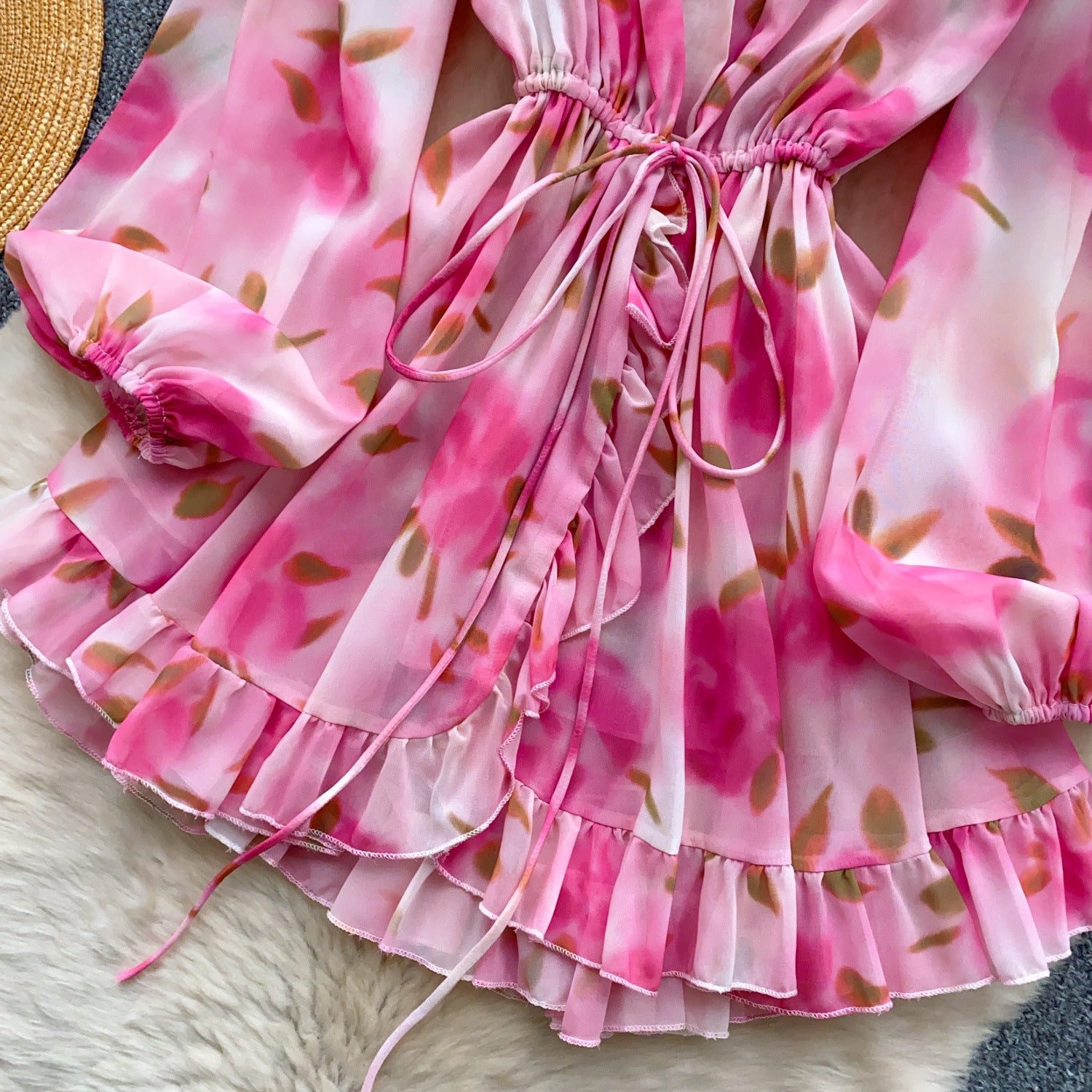 Holidays Style Women's Lace Up Slim Waist V neck Lantern Sleeve Ruffled Floral Short Dress 9