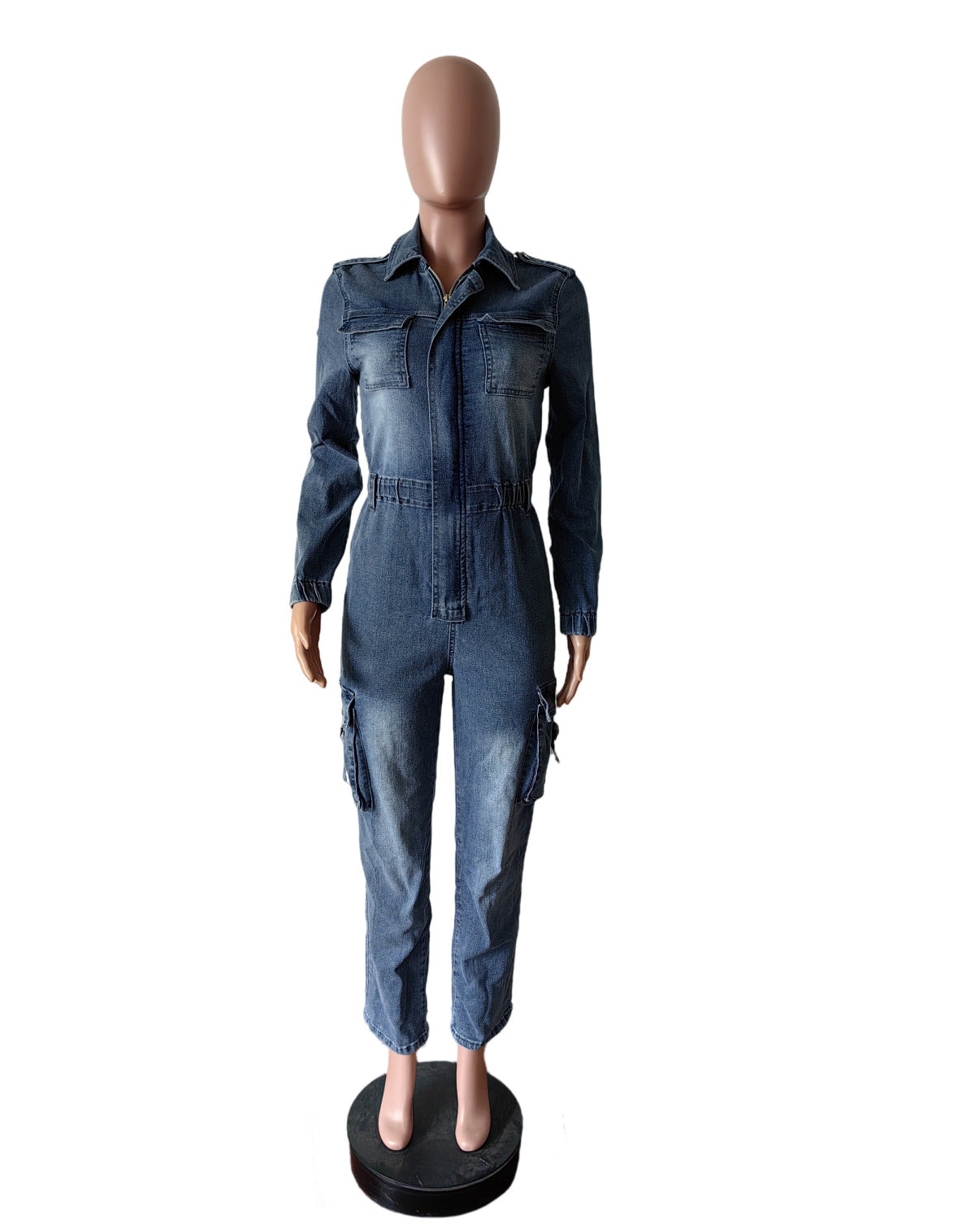 Women Washed Stretch Long Sleeve Denim Jumpsuit 5
