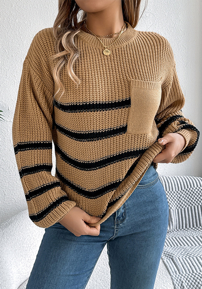 Women Casual contrast striped pocket lantern sleeve sweater