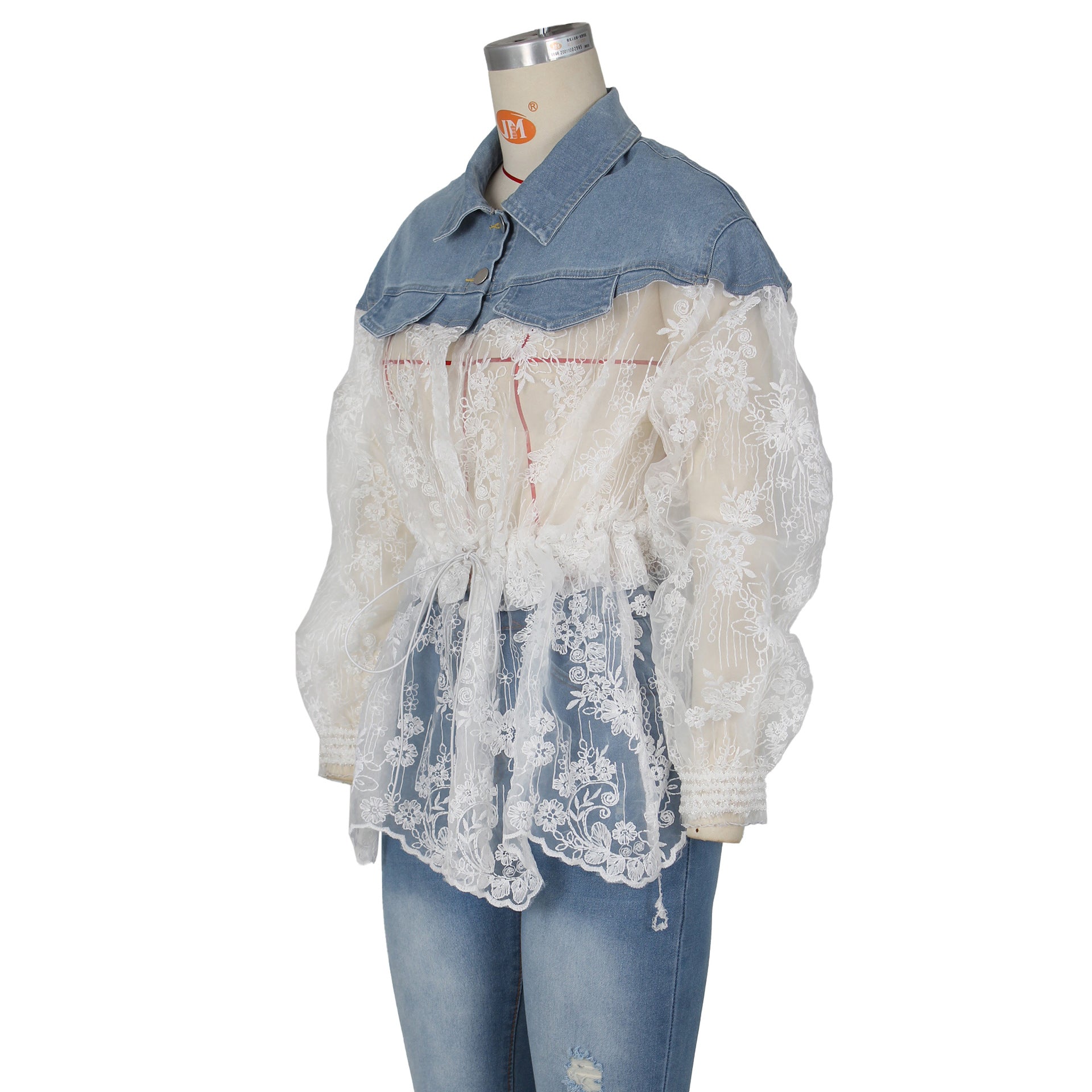 Sexy Ladies Denim Patchwork Embroidered Mesh See-Through Slim Waist Shirt 10