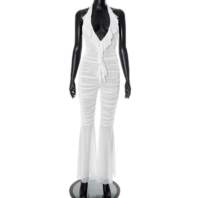 Women's Spring and Summer Deep V-Neck Halter-Neck Lace-Up Low-Back Gathered Bell-Bottom Jumpsuit 6