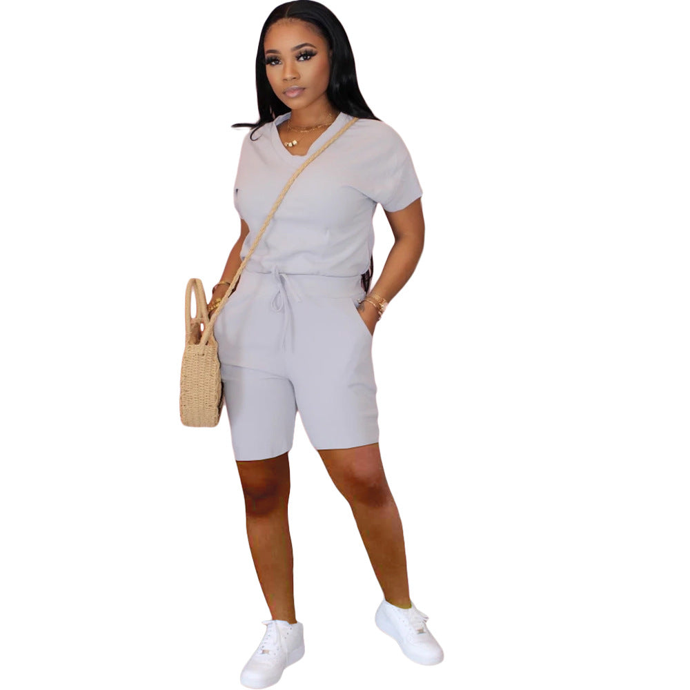 Women Clothing Solid V-Neck Tshirt+Pocket Shorts Two-Piece Set 11