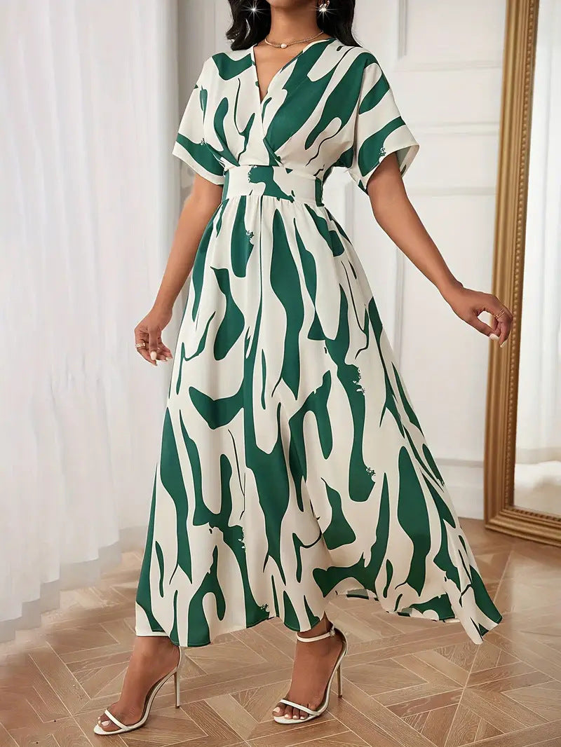 Fashion Printed V-Neck Slim Waist Elegant Women's Dress 4