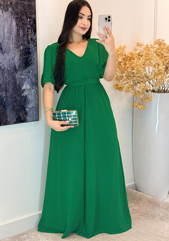 Green Round V-Neck High Waist Belt Short Sleeve Elegant Long Dress