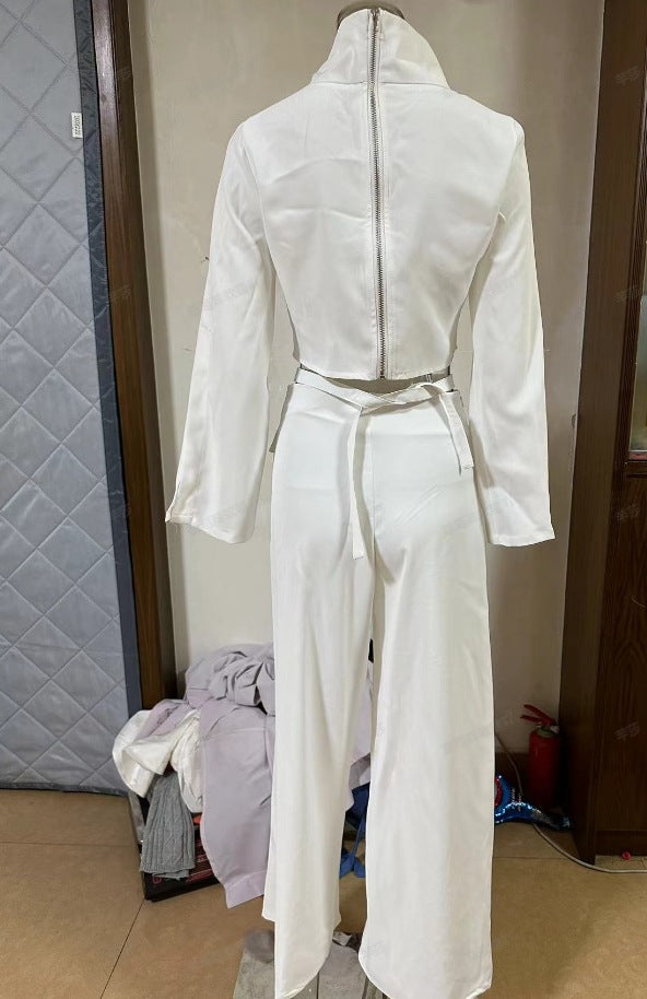 Autumn High-Neck Solid Color Crop Top Loose Wide-Leg Pants Two Piece Set 9
