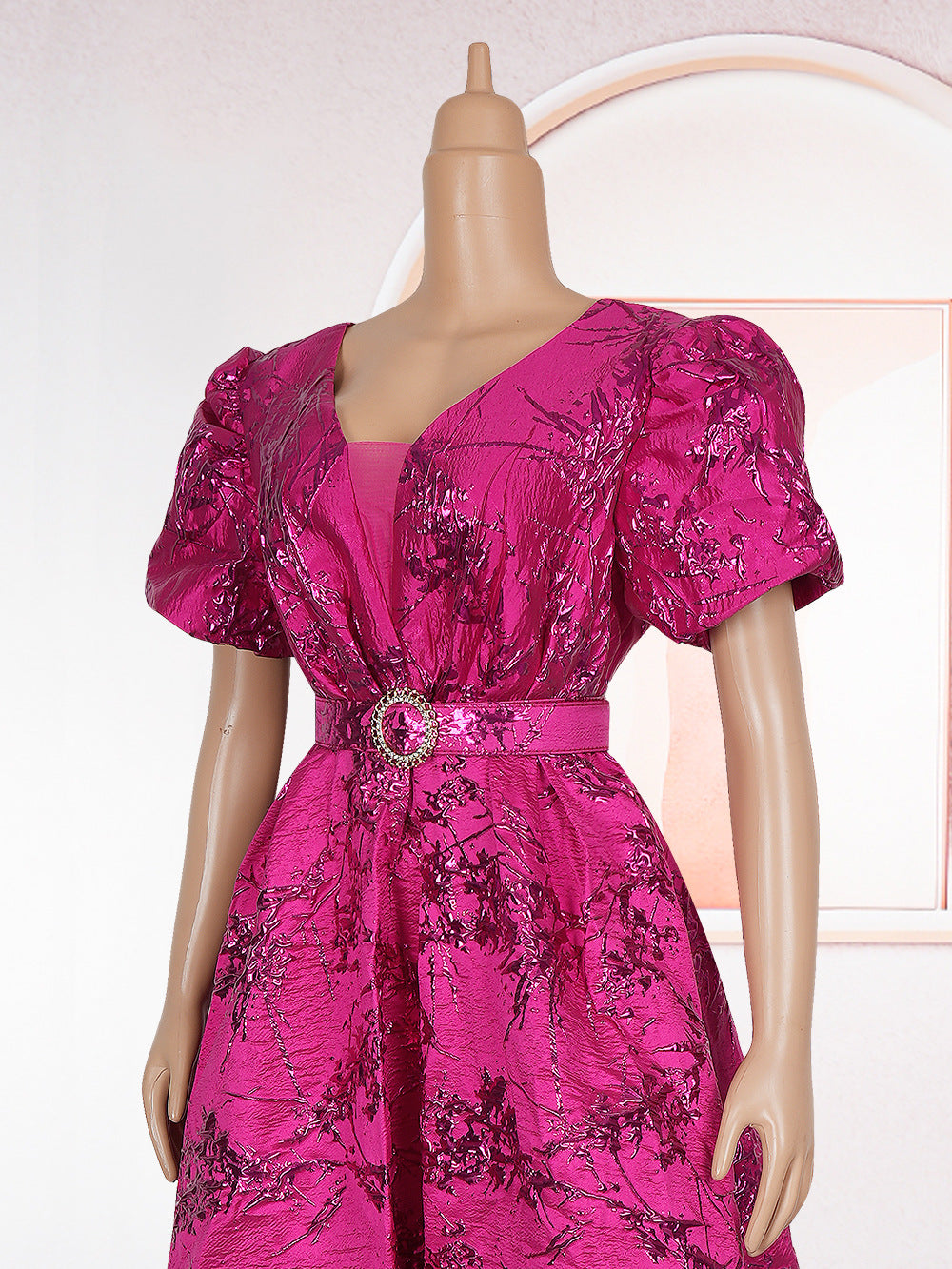 Chic Plus Size Dress Women Africa Mesh V-Neck Party Gown with Belt 13