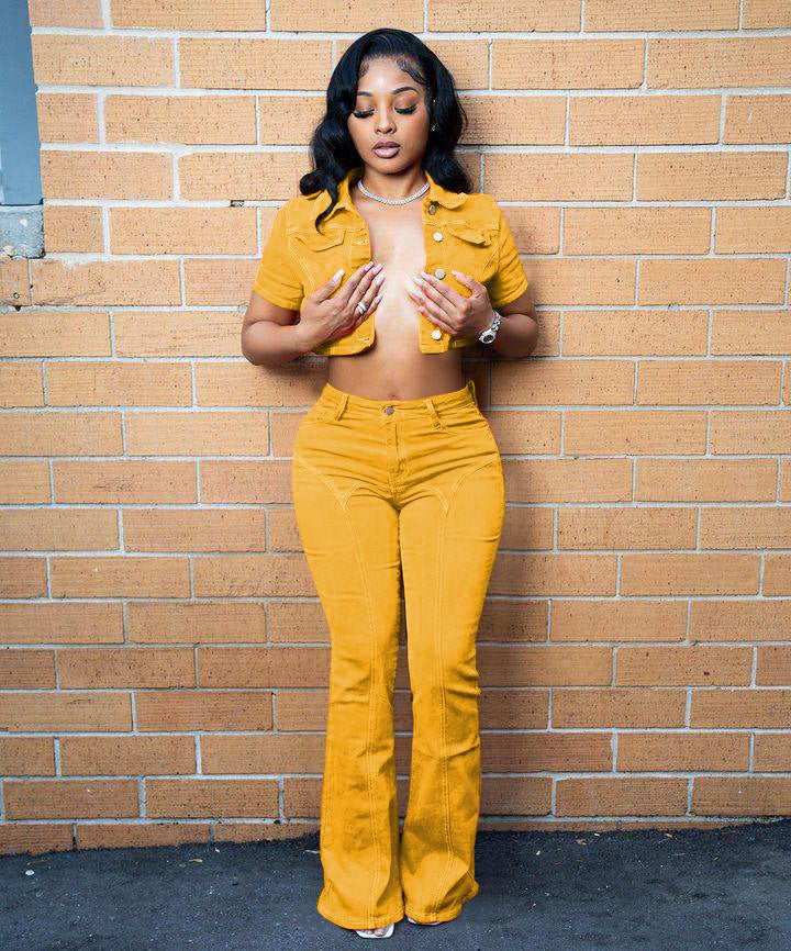 Spring And Summer Denim Short Sleeve Suit Solid Color Jacket Bell Bottom Stretch Pants Two Piece Set 4