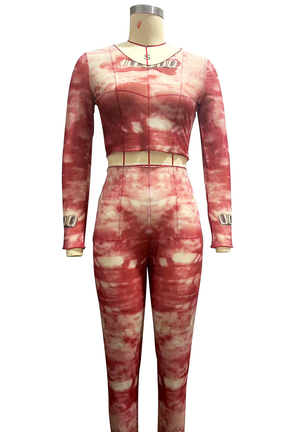 Women Spring Mesh Printed Round Neck Long Sleeve Top and Pants Two Piece Set 7