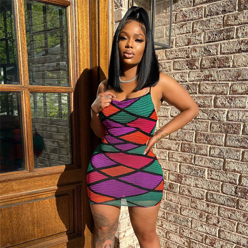 Spring Summer Sleeveless Diamond Multi-Color Straps Low Back Slim Dress 3