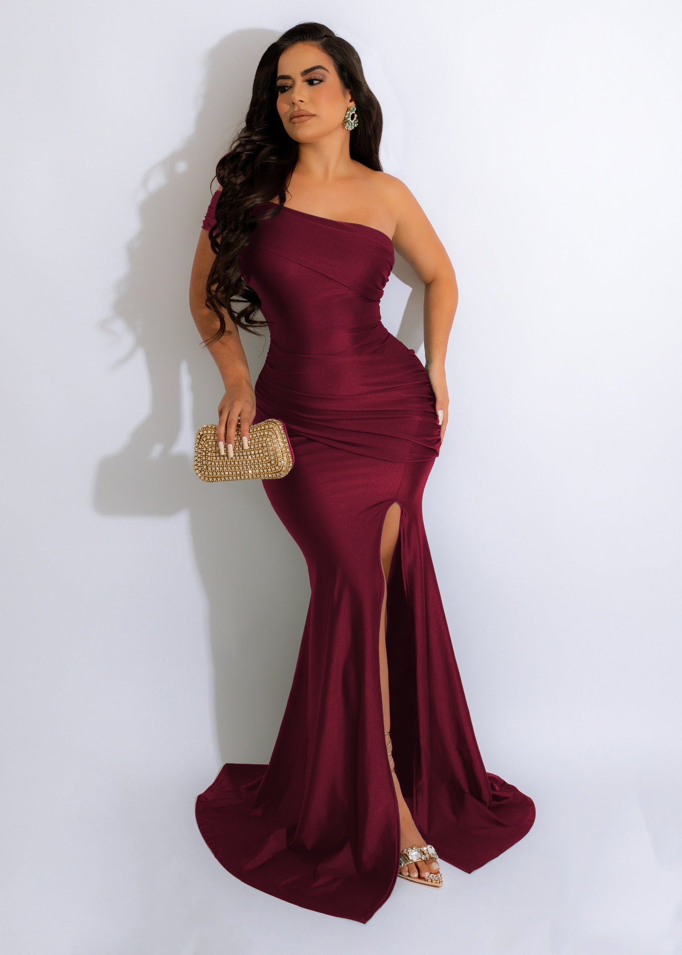 Women's Autumn Sexy Formal Dress Ruched One-Shoulder Fashion Chic Maxi Evening Gown 4