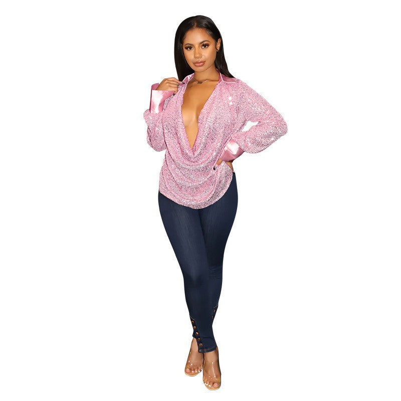 Women's Deep V Pleated Loose Ladies Chic Sequin Long Sleeve Shirt 11