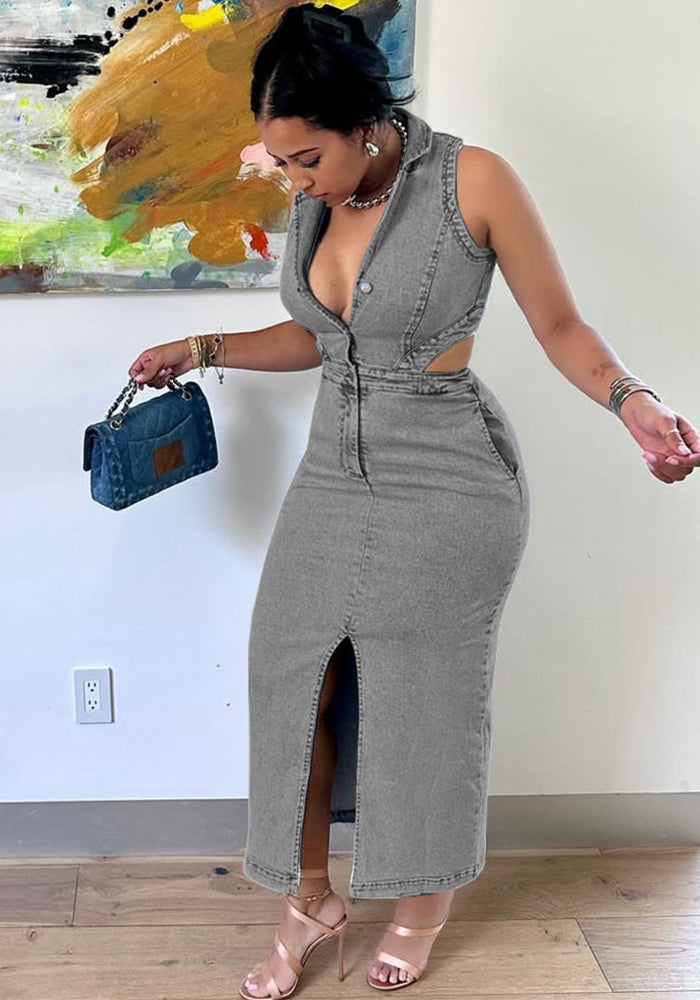 Women's Autumn Winter Fashion Single Breasted Sleeveless Halter Neck Stretch Long Dress