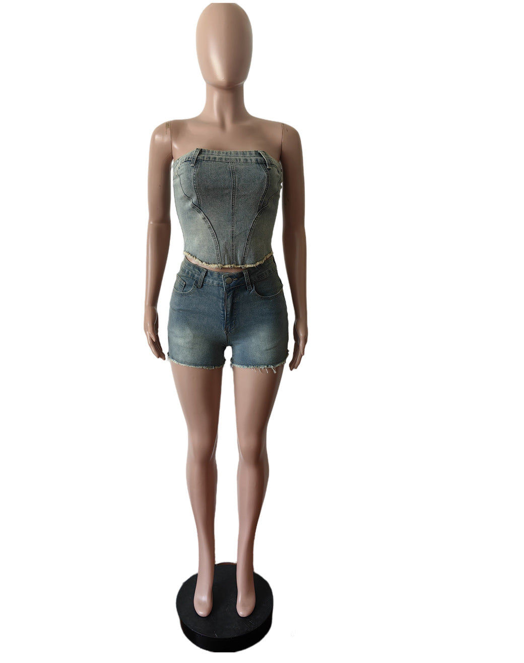 Strapless Stretch Two Piece Denim Shorts Set 6