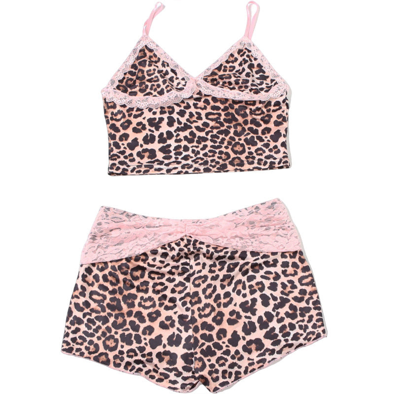 Women summer leopard print lace patchwork crop top and shorts two piece set 11