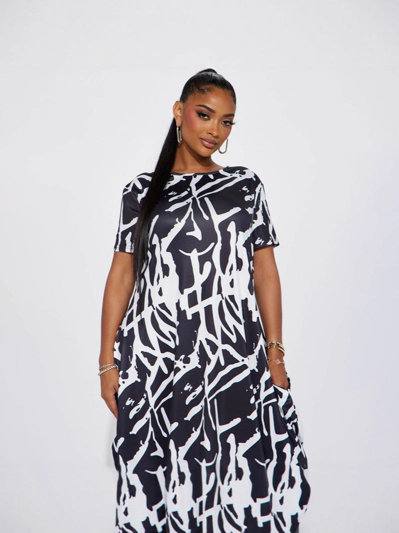 Women Casual Printed Black and White Short-Sleeve Round Neck Maxi Dress 4