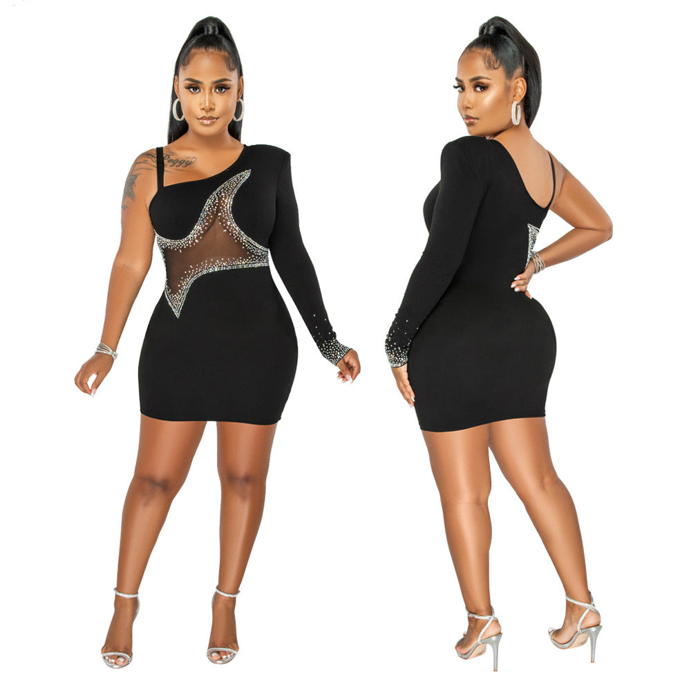 One Shoulder Long Sleeve See-Through Mesh Patchwork Beaded Bodycon Dress 6