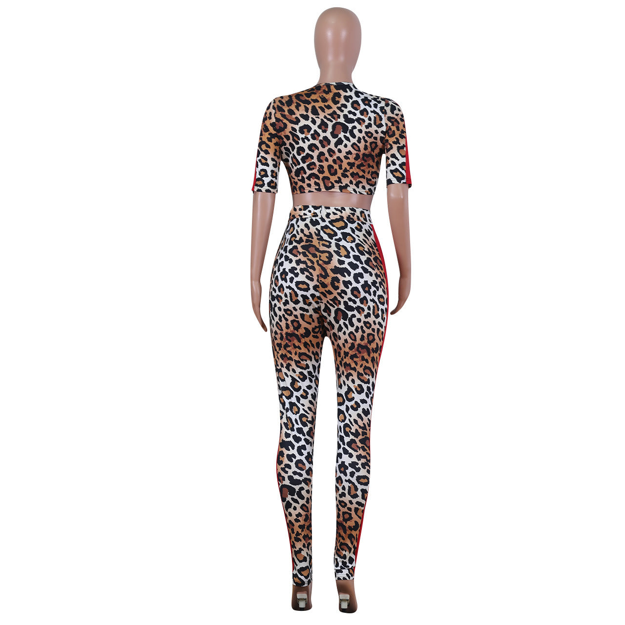 Women Sexy Leopard Color-blocking Top and Pants Two-piece Set 4