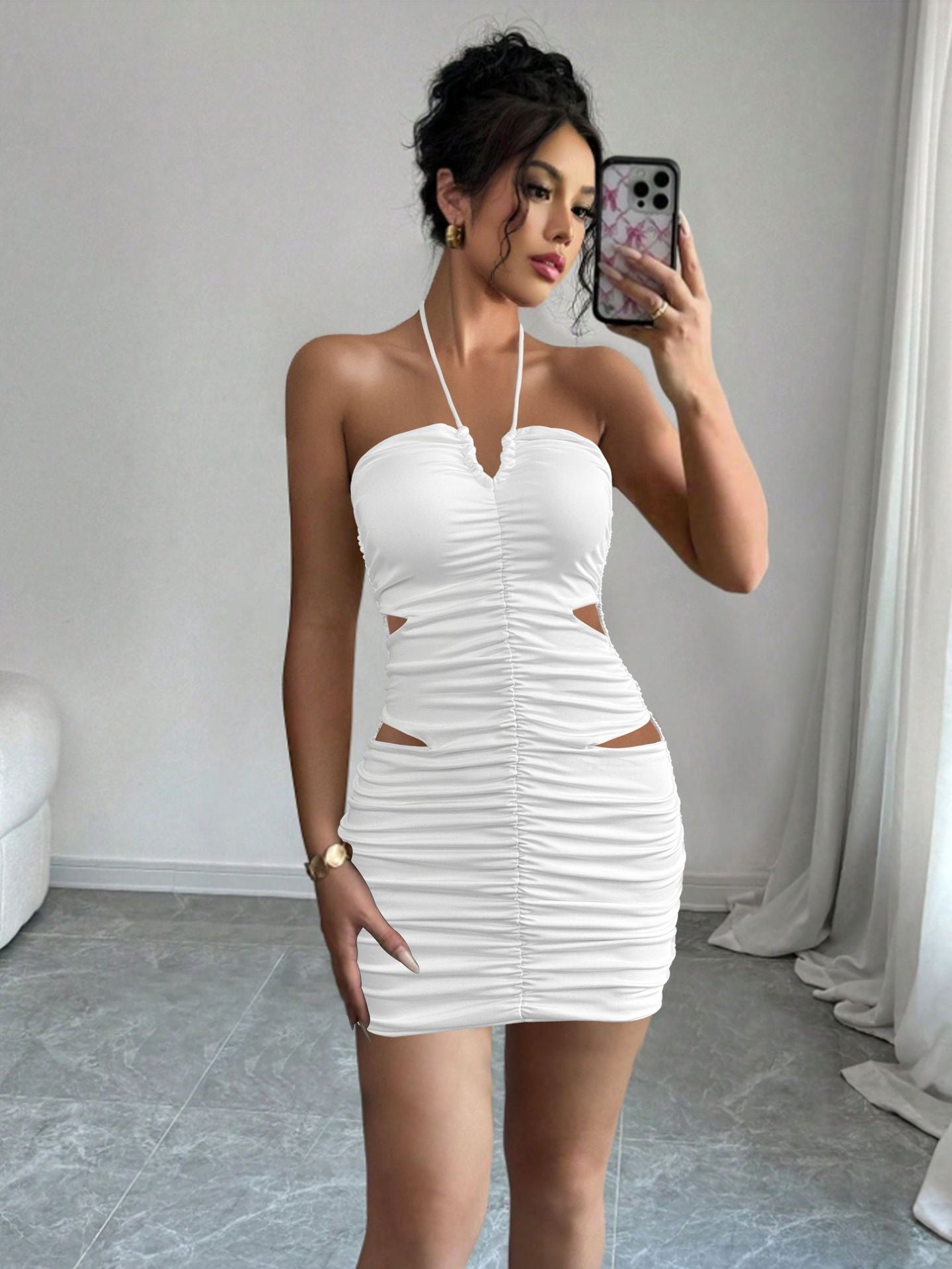 Women summer pleated sleeveless Halter Neck sexy hollow bodycon dress 5