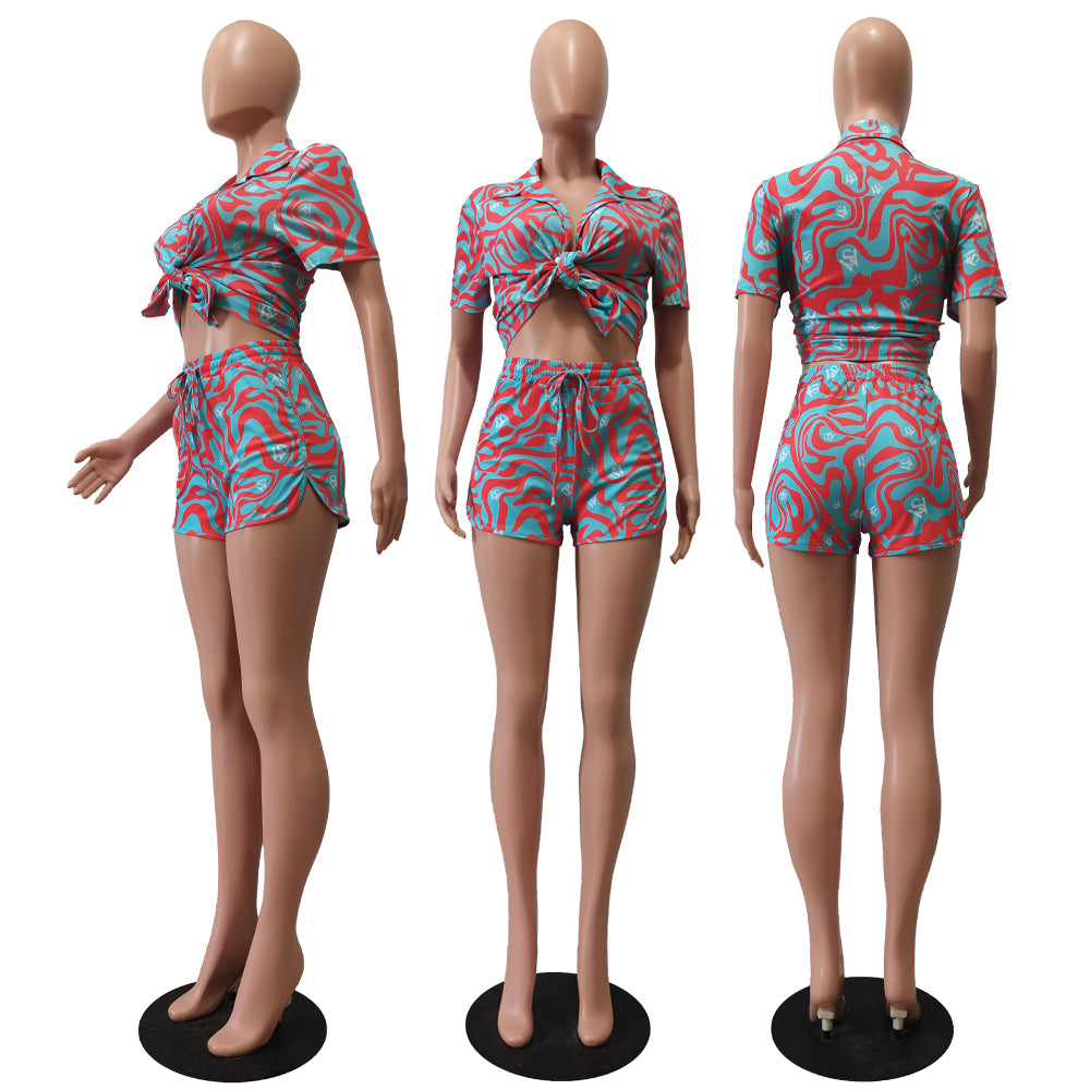 Summer Fashion Print Multicolor Shirt Shorts Casual Set 30