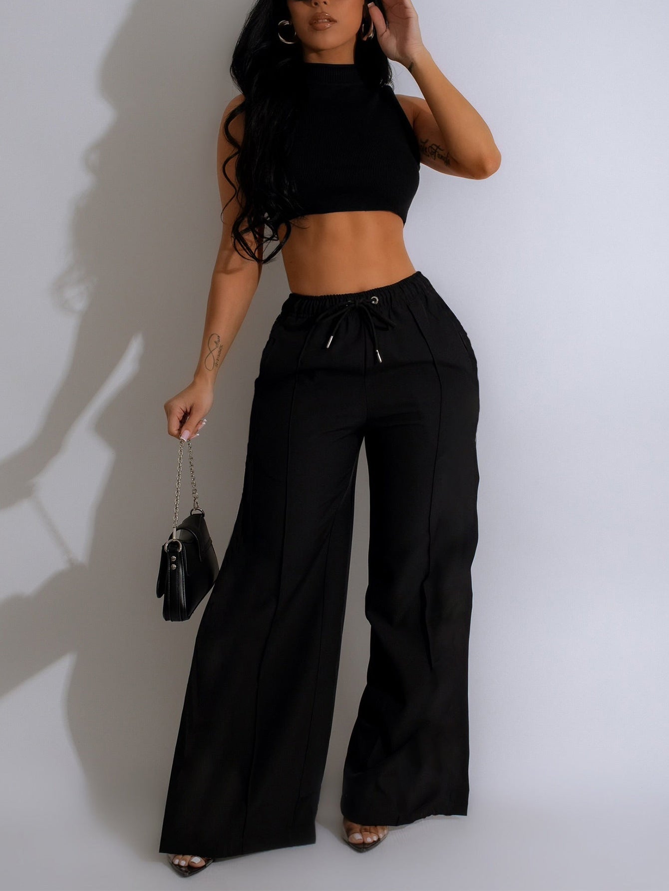 Fashion Women's Sleeveless Crop Top + High-Waist Drawstring Wide-Leg Pants Set Casual Street Two-Piece Set