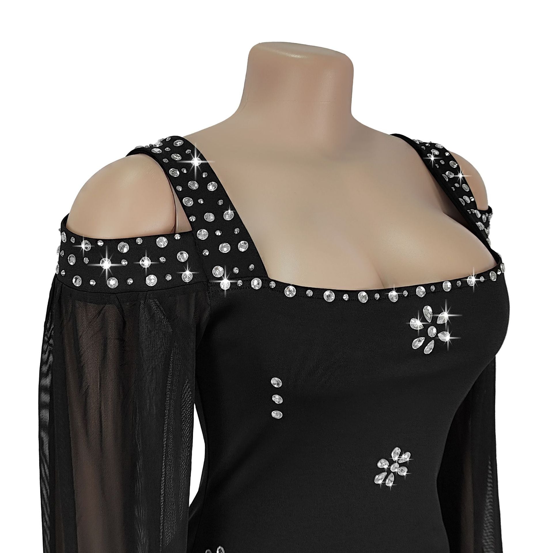 Fashion Women's Elegant Rhinestone Square Neck Mesh Slim Long Dress 9