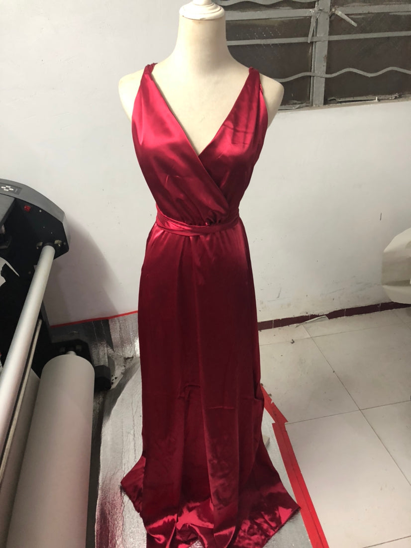 Deep V Neck Sleeveless Lace-Up Sexy Low Back High Waist Swing Satin Gown Women's Dress 13